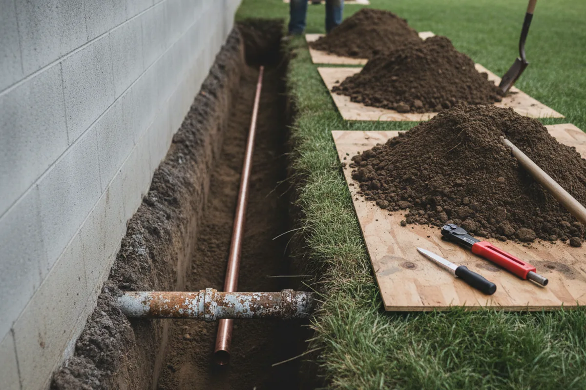 Excavated water line trench during Water Heater Repair in Marblehead